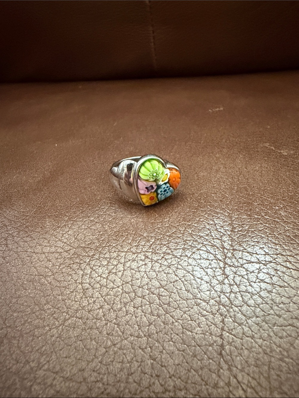 Handcrafted Silver Heart Ring with Multicolor Floral Inlay